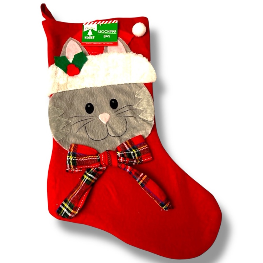 Christmas Cat Stocking Red Felt With Plaid Bow & Santa Hat 16"